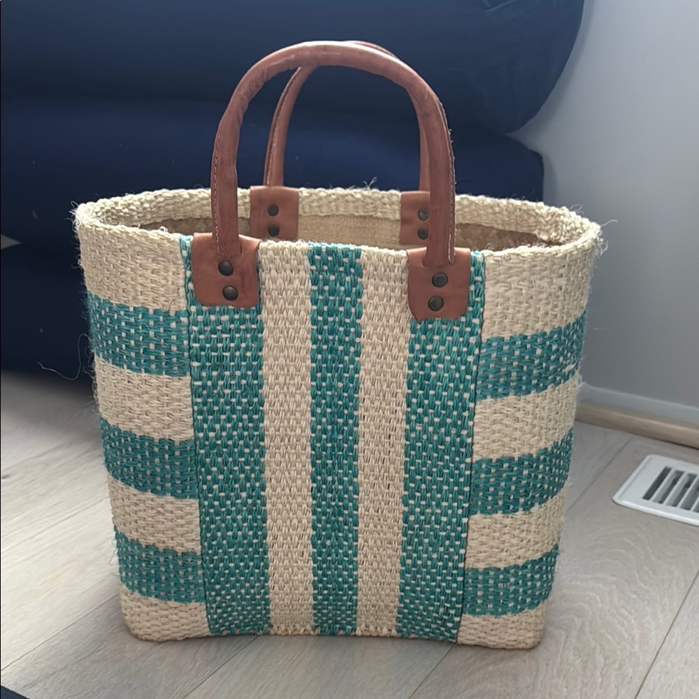 Mar y Sol Striped Tote Bag with Teal and Tan, leather handles